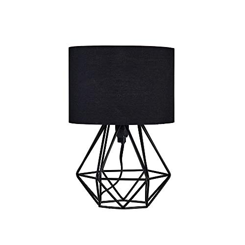 MiniSun | Small Modern Satin Black Metal Basket Table Lamp with a Black Fabric Shade | Table Lamps, Home Décor & Improvement Essential | Includes 4W LED Bulb [3000K Warm White]