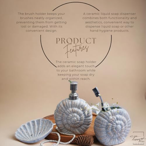 Image of Premium Ceramic Bathroom Accessories Set of 3 | Shell Hand-Painted Luxury Bath Set with 300ml Liquid Soap Dispenser, Toothbrush Holder & Soap Tray (Grey & Beige with Spiral Shell)