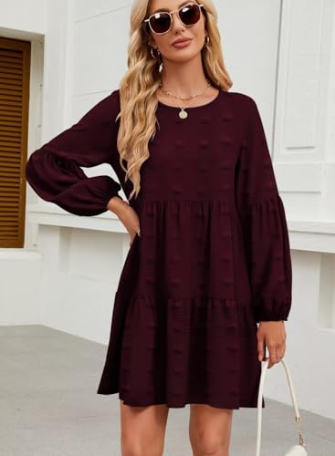 Image of QACOHU Falll Dresses for Women 2026 Crew Neck Long Lantern Sleeve Casual Loose Flowy Swing Shift Dress