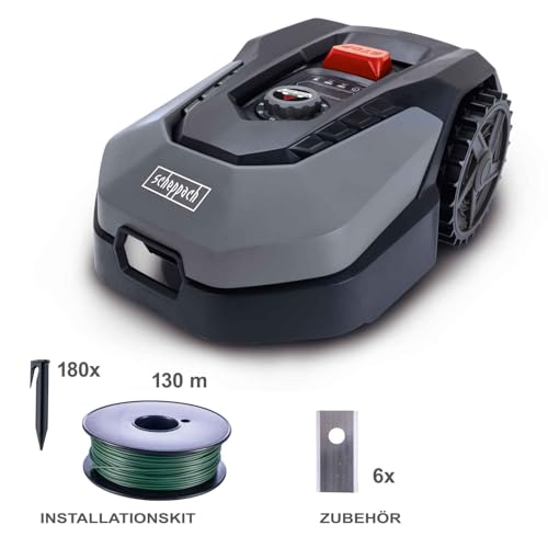 Foto von Scheppach Mähroboter RoboCut XL600 bis zu 600 qm² | 18cm Schnittbreite | 20-60 mm Schnitthöhe | Regensensor | WiFi & BT | App gesteuert | 35% Steigung | mit Station, 9 Messer, 130m Kabel & 180 Haken