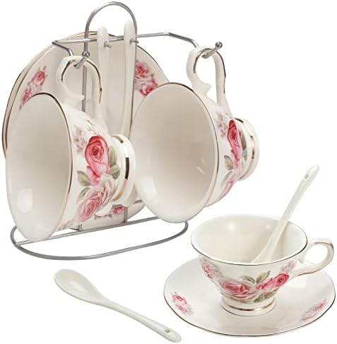 Viktorwan Porcelain Tea Cup and Saucer Coffee Cup Set with Saucer and Spoon , Set of 7 (2 Tea Cups, 2 Saucers, 2 Spoons, and 1 Bracket)