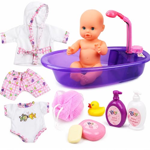 Liberty Imports Baby Bath Toys 13-Inch Little Newborn Doll Bath Set - Real Working Bathtub with Detachable Shower Spray and Accessories for Kids Pretend Play