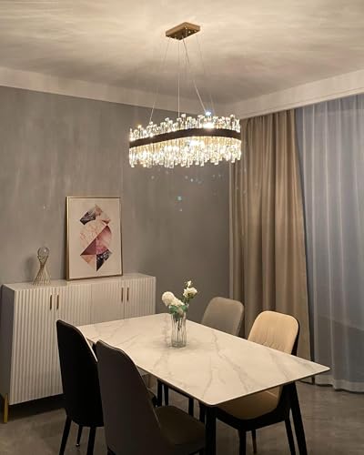 Siljoy Rectangular Crystal Chandelier for Dinging Room, 16 Lights Modern Gold 2-Tiers K9 Raindrop Crystal Chandelier Luxury Oval Crystal Ceiling Light Fixture for Living Room Kitchen Island L35.4''