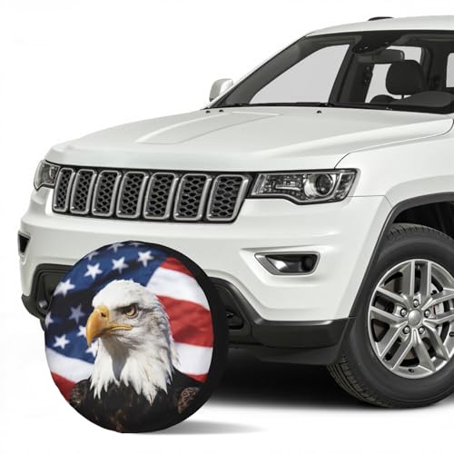 Image of American Flag Star Spare Tire Cover USA Eagle Wheel Covers 15 Inch | Red White Blue，Polyester，Protectors Tire Cover，Waterproof，Dust-Proof，Universal，Fit for RV Jeep SUV Motor Travel Camper Tires