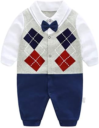 GORBAST Newborn Baby Boys' Gentleman Romper Clothes Suit Long Sleeve Jumpsuit Outfit with Bow Tie (0-3Months, SG046)