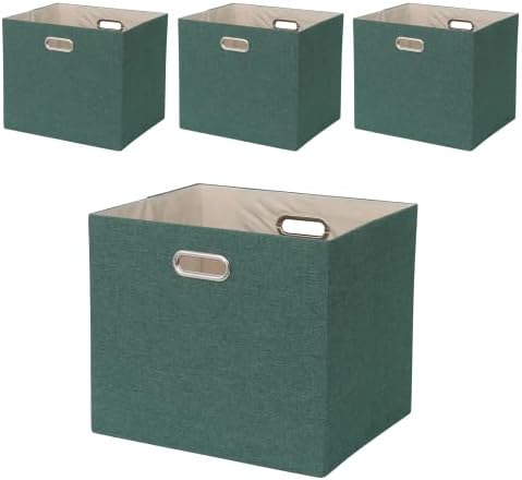 Fboxac Storage Bins Rectangle13×15 Polyester Foldable Box with Handles, Collapsible Organization Basket Set of 4 Large Capacity Drawer for Closet Shelf Cabinet Bookcase Bedroom, Grass Green