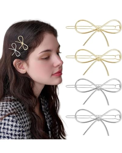 BPTRKOM 4 Stück haarklammer schleife - Haarspangen mit Metallschleife für Damen und Mädchen, schick, schlicht, modisch,Haarspangen Damen Metall Retro für Hochzeit Party Mädchen (Gold, Silber)