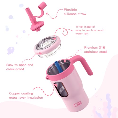Image of OISIZ 14oz Kids Tumbler with Straw Lid & Handle,Kids Cup with Animal Accessory for School,Kids Water Bottles with Dust-proof Cover,Leakproof Water Bottles,316 Stainless Steel,Keep Cold 24 Hours-pink