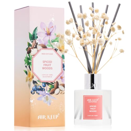 Image of Airkeep Reed Diffuser Set,3.38 fl oz (100 ml) - Spiced Fruit Woods Oil Diffusers with 8 Reed Sticks, Home Fragrance Reed Diffuser for Bathroom Shelf Decor