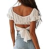 LYANER Women's Ruffle Short Sleeve Tie Up Back Crop Top Off Shoulder Bardot Blouse White Small