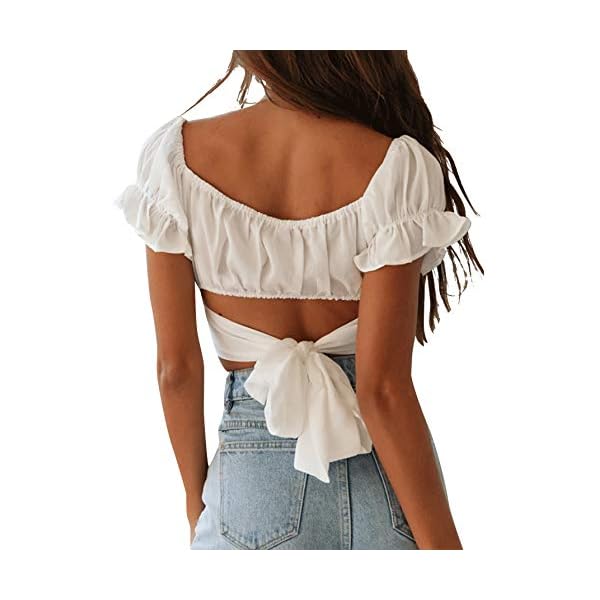 LYANER Women's Ruffle Short Sleeve Tie Up Back Crop Top Off Shoulder Bardot Blouse White Small