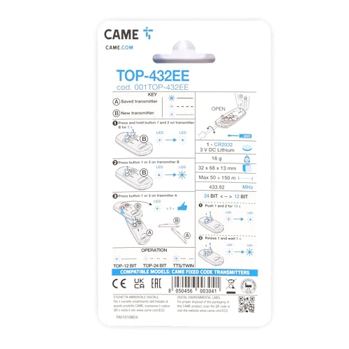 CAME TOP-432EE, Zwei-Kanal Funkhandsender, 433,92 MHz, Selbstlernfunktion, Festcode, (nur kompatibel mit CAME TOP-432EE, TOP-432EV, TOP-432NA, TOP-432SA, TOP-432M)
