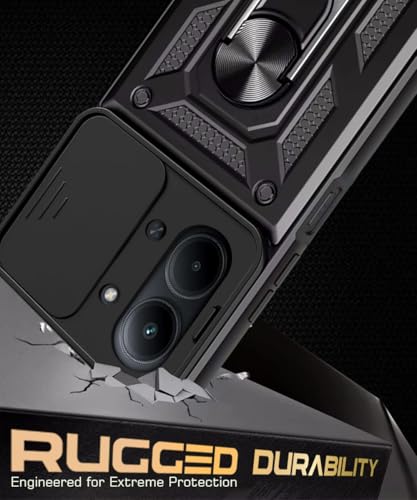 Image of WOW IMAGINE Tough Armor Bumper Mobile Back Case for Mi Redmi 15C 5G | Poco C85 5G | Sliding Camera Cover | Shock Proof 360 Protection | Hybrid PC + TPU | Ring Holder with Kickstand - Black