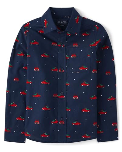 The Childrens Place Boys Long Sleeve Poplin Button Down Shirt Christmas Truck Print Medium