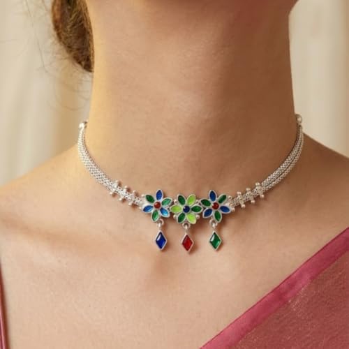 Image of Parasmoni Silver Floral Statement Necklace for Women