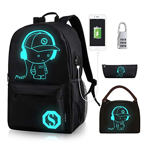 Oslimea Canvas School Backpack for Boys Girls College Anime Luminous Backpack 15.6 inch USB Lightweight Daypack Cartoon Bookbag Lunch Bag Pencil Case