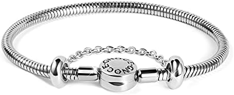 GNOCE Charm Bracelet With Safety Chain Stainless Steel Snake Chain Metal Basic Charm Bracelet DIY Bangle with Round shaped Clasp For Women (Stainless Steel, 7.5)