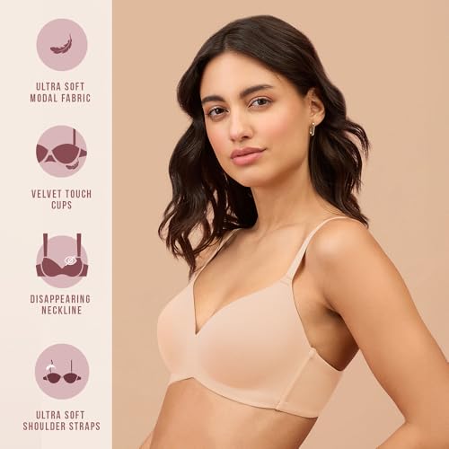 Image of NYKD (NYB013 Ultra Soft Modal Fabric Lightly Padded & Non Wired Tshirt Bra for Women | Seamless Neckline with Comfortable, Soft & Non Slip Shoulder Strap