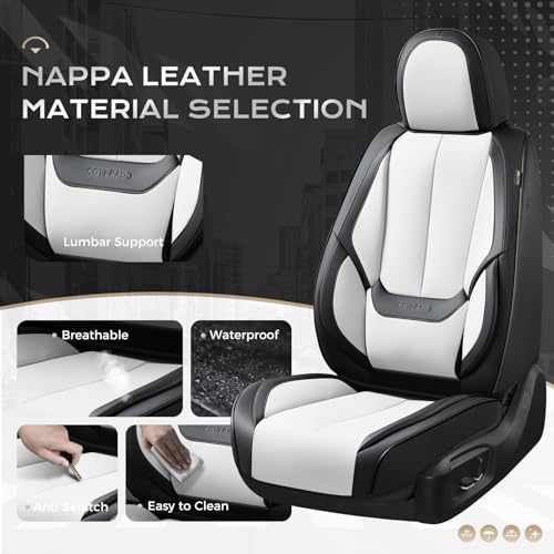 Image of Coverado Seat Covers, Car Seat Covers Full Set, Leather Seat Covers for Cars, Car Seat Protector, Black Car Seat Covers Front Seats and Back Seats Universal Fit for Most Cars White