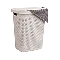 Mind Reader Slim Laundry Hamper with Lid, 50L Clothes Basket, Premium Wicker Design, Plastic, Ivory