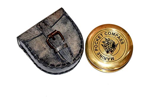 Brújula de bolsillo náutica de latón con estuche de cuero