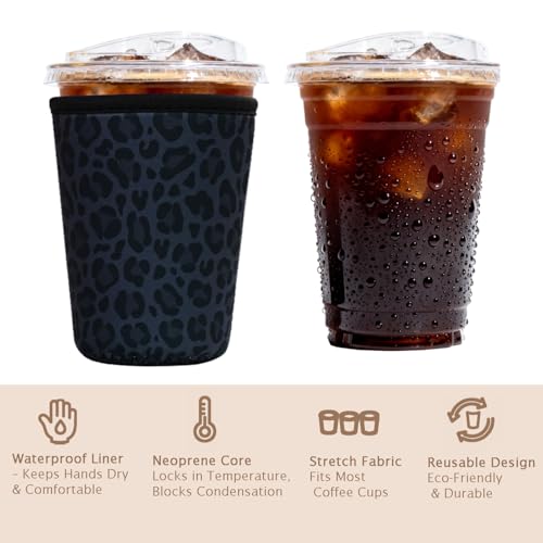 Image of Reusable Insulated Sleeve for Iced Coffee Cup, Coffee Neoprene Sleeve for Cold & Hot Drinks, Beverage Holder for Iced Coffee (Charcoal Leopard, Medium: 22-24oz)