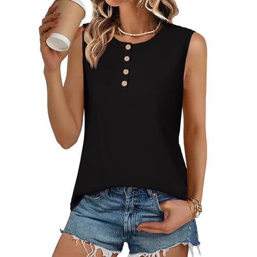 LOMON Tank Top for Women Crew Neck Sleeveless Loose Fit Button Casual Tee Shirts Summer Fashion 2026 Tunic Tops Blouses