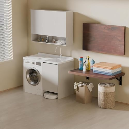 Image of Floating Desk for Home, Office, Study, Kitchen, and Dinner Computer Bar Laundry Room Wall Mounted Folding Table Wall Mounted Folding Desk for Space Saving (Teak)