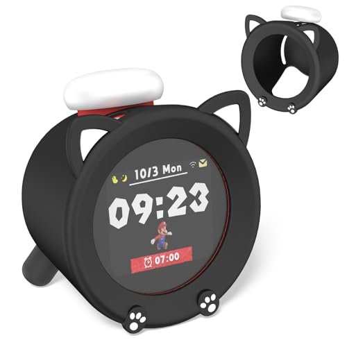 Coque en silicone mignonne et amusante motif dessin animé kawaii compatible avec réveil Nintendo - Anti-rayures et anti-chocs - Bouton de protection pour réveil sonore - Pour garçons et filles - Noir