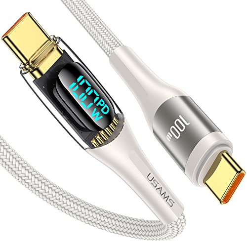 Câble USB Type C, PD 100 W 5 A Cable USB C vers USB C Charge Rapide QC 4.0 Affichage à LED Nylon Tressé Chargeur Type C pour MacBoo Pro, Pad Pro 2020, Samsung S21, Dell Pixel XPS Huawei (1,2m Blanc) Cover