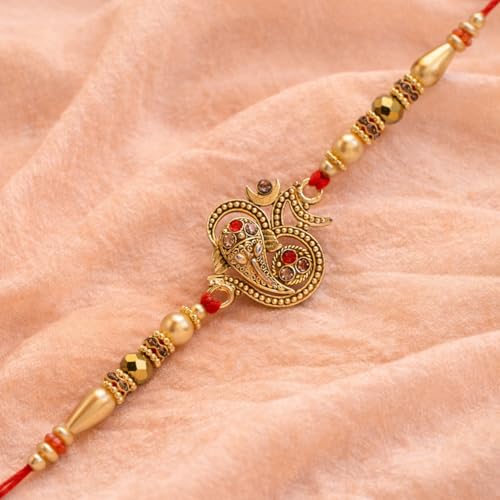 Image of Riddhika Ventures Glorious Gold Plated Auspicious OM and Diamond Ring Rakhi with Roli Chawal and Greeting Card
