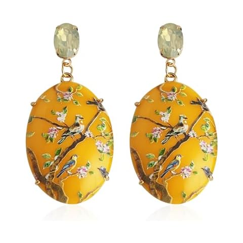 QIAOLEHUI Boho Acrylic Resin Crystal Oval Dangle Stud Earrings Colorful Printed Flower Birds Tree Statement Drop Earrings Jewelry Gift for Women (Yellow) Cover