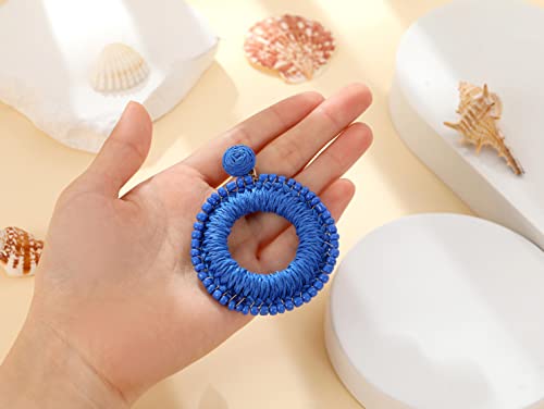 Krorztot Blue Raffia Beaded Hoop Earrings For Women Girls Statement Summer Beach Earrings Fun Round Rattan Earrings Handmade Boho Straw Dangle Drop Earrings Jewelry Gifts #TOP5
