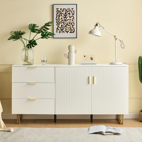 muenfly Aparador blanco con 3 cajones y 2 puertas, moderno armario de almacenamiento con asas doradas y patas de acero marrón, tablero de fibra de densidad media para salón comedor, 160 x 40 x 82 cm