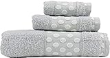 Juego de Toallas de Algodón 100% con Cenefa de Lunares, con un Grosor de 450 Gramos/m2, Compuesto por una Toalla de baño, una de Lavabo y Otra de tocador. (Gris Claro)