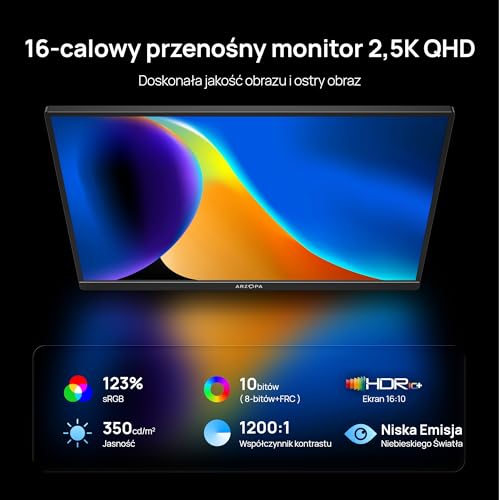 ARZOPA 16″ Przenośny Monitor 2.5K | Matryca IPS 123% sRGB 400 Nit | Ekran do Pracy 16:10 do Laptopa, Mac, PC, Telefon | USB-C i HDMI – Z1RC