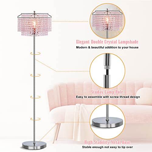 Luvkczc Pink Crystal Floor Lamp, Modern Standing Lamps With Double-Layer Lampshade, Led Floor Lamp With On/Off Foot Switch, Silver Finish Tall Pole Lamp For Living Room, Girl Bedroom, Dresser, Office #TOP2