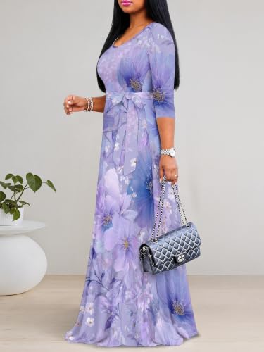 Image of PinkPatty Plus Size Maxi Dress for Women Casual V Neck 3 /4 Sleeve Boho Printed Long Dress with Pockets