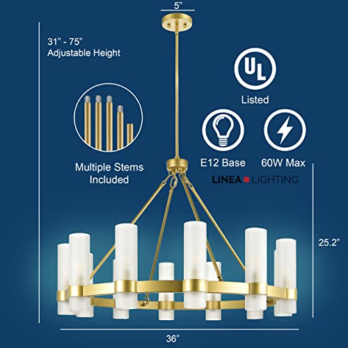 Linea Di Liara Teramo Gold Chandelier Dining Room Light Fixture Large Wagon Wheel Chandelier Round Industrial Modern Farmhouse Chandeliers For Dining Room Foyer, Frosted Glass, Ul Listed #TOP5