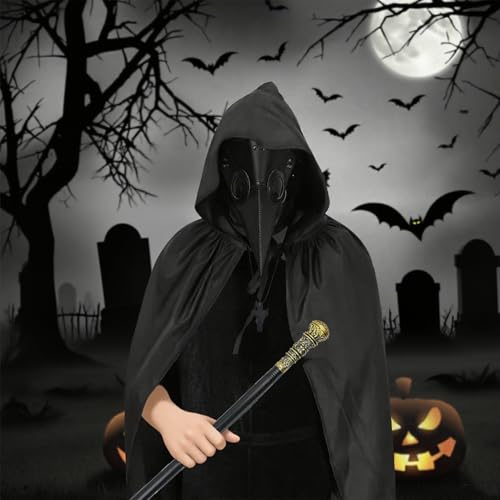Aleshime Plague Doctor Costume Set - Plague Doctor Mask, Hooded Cloak, Cane & Cross Necklace, Scary Halloween Costume for Men Women Adults