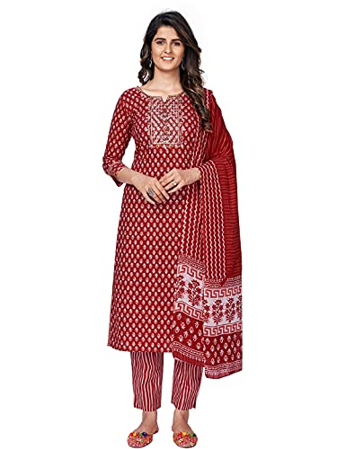 Image of Vbuyz Women's Printed & sequience work A-line Cotton Pink Kurta Pant With Dupatta