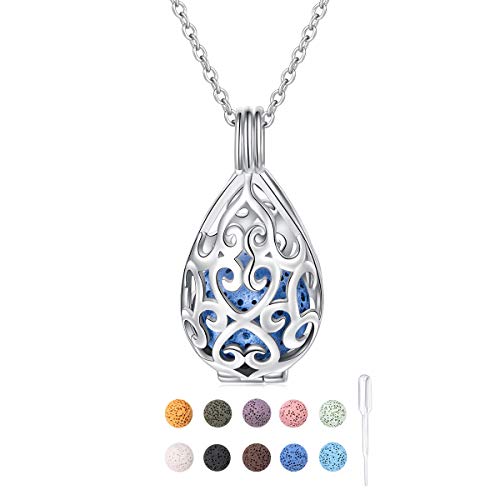 S925 Sterling Silver Aromatherapy Essential Oil Diffuser Necklace Teardrop Locket Perfume Pendant Necklace Jewelry 18+2 inches Adjustable Chain with 10 PCS Stones