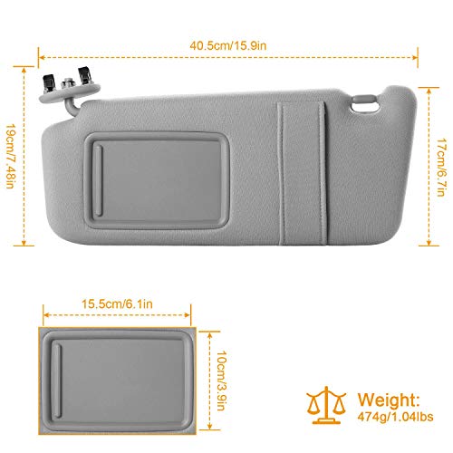 Anumit Sun Visor for Toyota Camry, Left Driver Side Windshield Sun Visor Mirror Assembly Replacement Part fits 2007 2008 2009 2010 2011 Toyota Camry and Camry Hybrid Without Sunroof and Light, Gray