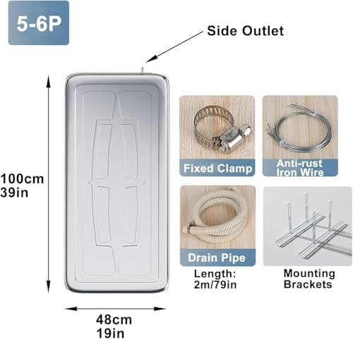 Durable Stainless Steel Portable AC Drip Pan - Heavy-Duty Condensate Drain Pan with Fitting Kit for Window & Mini Split Air Conditioner Units,39x19in