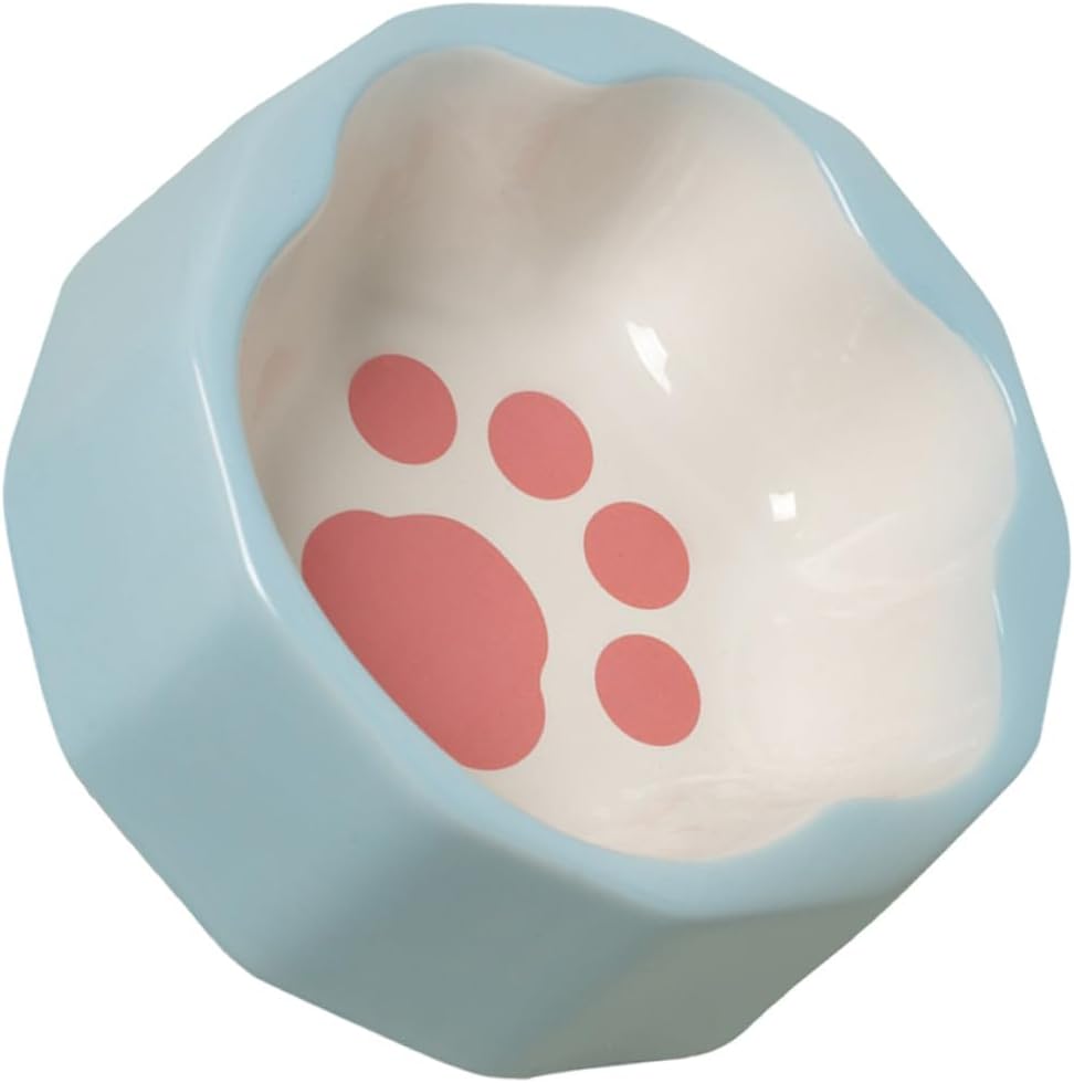 VANZACK Slanted Blue Ceramic Pet Bowl with Cute Animal Paw Print, Tilted Cat and Dog Feeding Dish for Small Pets, Sturdy Food Container for Indoor Use