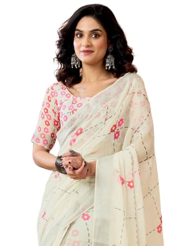 Image of SIRIL Women's Printed Cotton Linen One Minute Ready to Wear Saree With Unstitched Blouse Piece