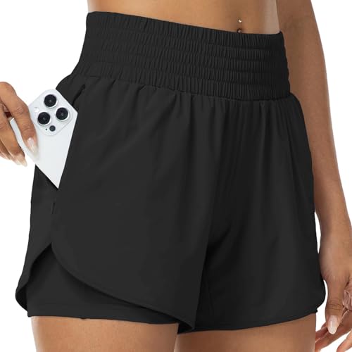 SCCGKP Women 2-in-1 Running Shorts with Pockets Quick Dry Activewear Shorts Lightweight Gym Yoga Sport Shorts for Ladies Workout Hiking Training (UK Alpha M Regular Regular Black)