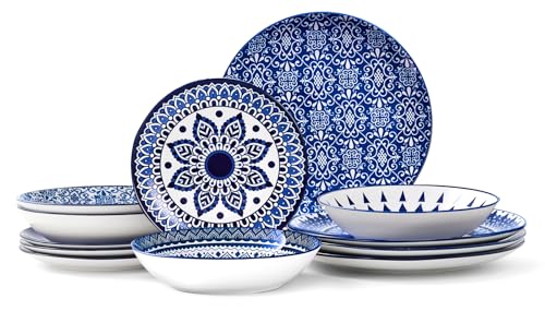 Image of Bestone Ceramic 12-Pieces Dinnerware Sets, Ceramic Dish Plates and Bowls Sets, Dishes Set for 4, Dinner Salad Dessert Plates, and Cereal Bowls Set, Gift,Vintage Blue