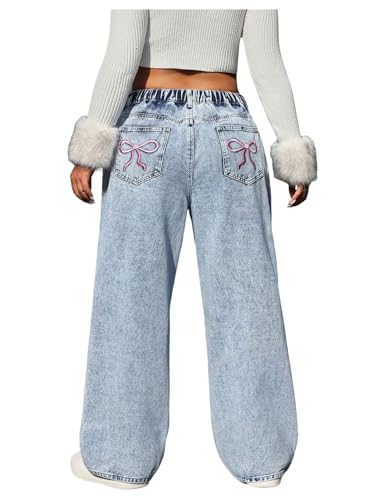 SOLY HUX Women's Plus Size Y2k Jeans Elastic High Waisted Bow Straight Leg Baggy Denim Pants