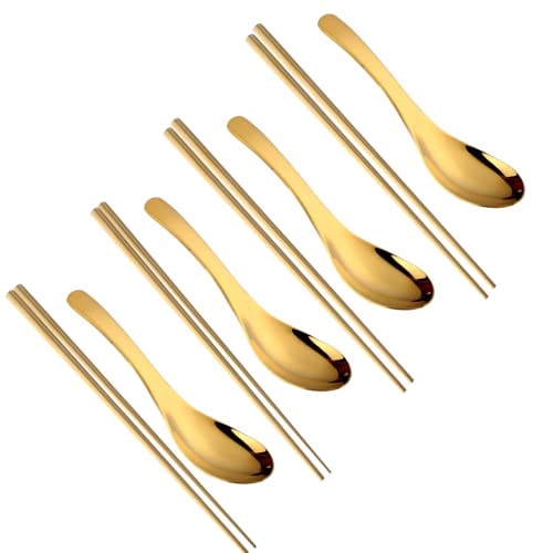 La Mejor Selección de Cucharas chinas - los más vendidos. 41 Juego de cucharas y palillos chinos de metal para 4 personas, reutilizables, de acero inoxidable, con mango corto, asiático, regalo de Navidad, apto para lavavajillas (dorado)